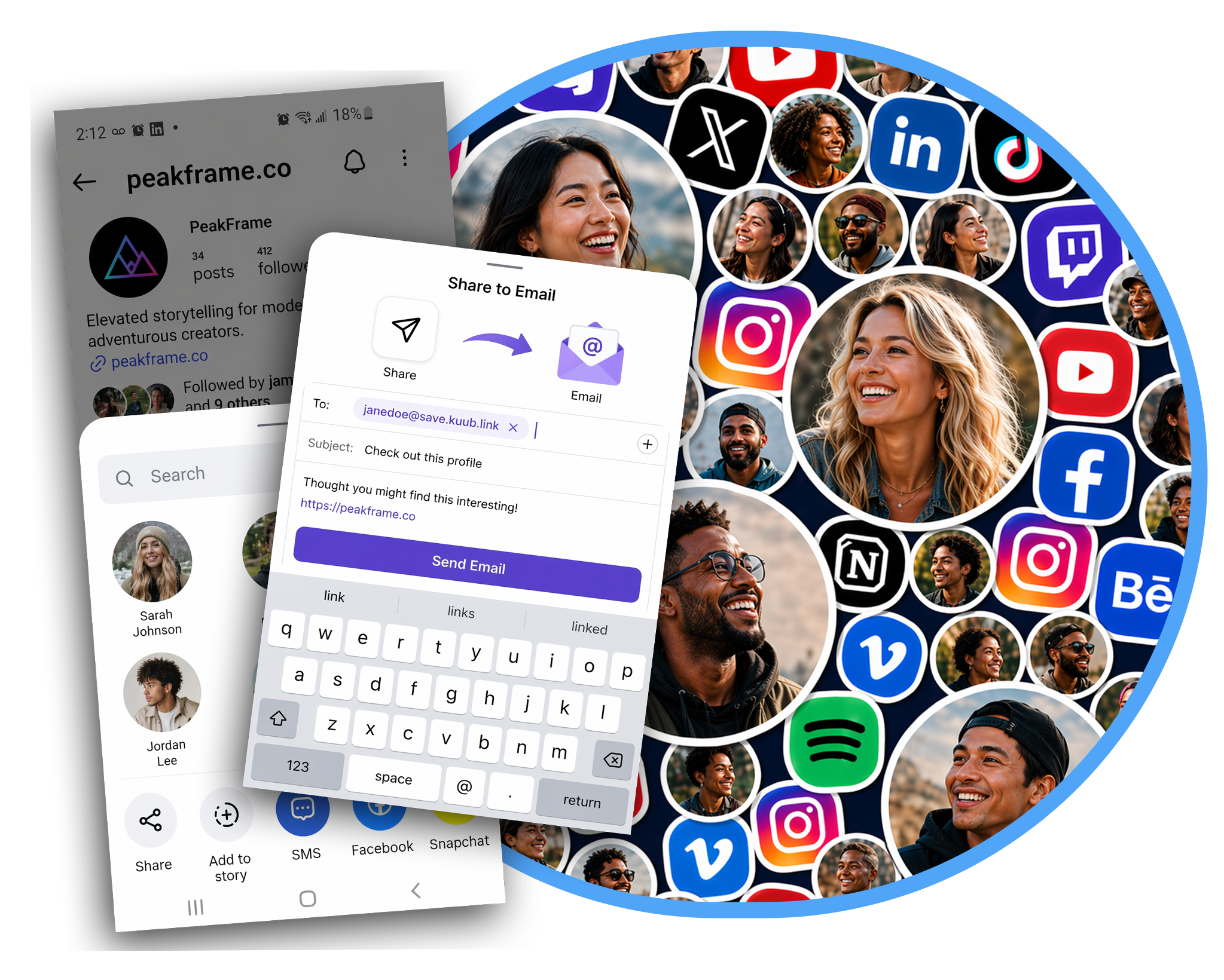 A circular visual of colorful creator profile avatars.