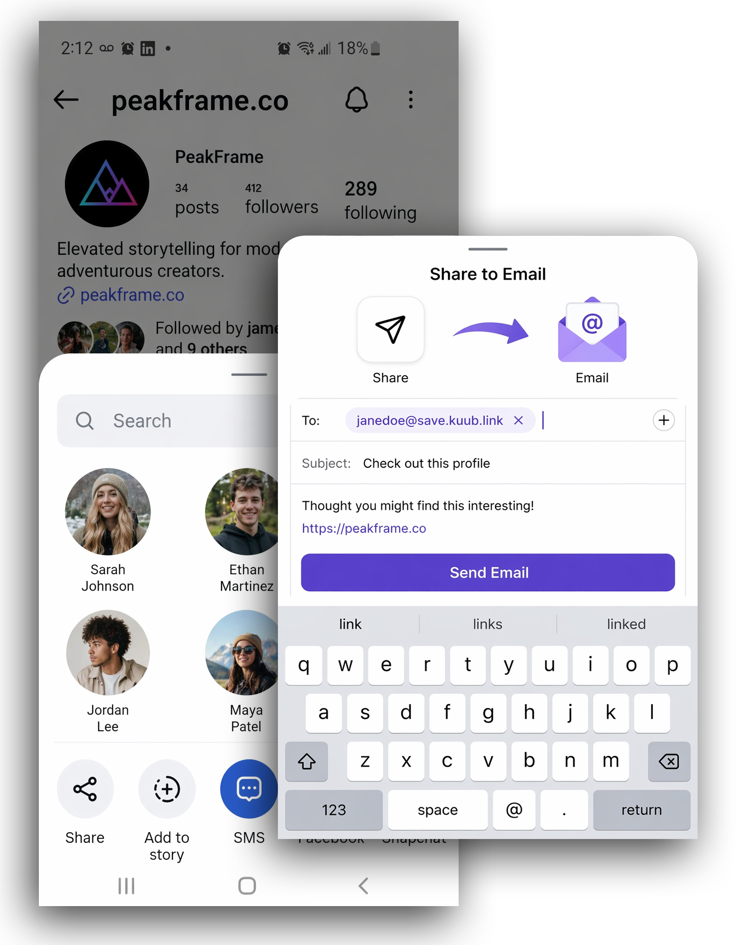 A mobile share flow sending a creator profile to a Kuub email address.